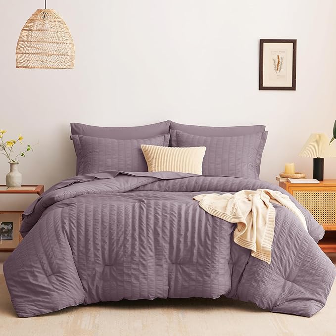 CozyLux Queen Comforter Set Dusty Purple Seersucker 7 Pieces Bed in a Bag Queen Comforter Set with Sheets, Luxury Bedding Sets with Down Alternative Comforter, Sheets, Pillowcases & Shams All Seasons