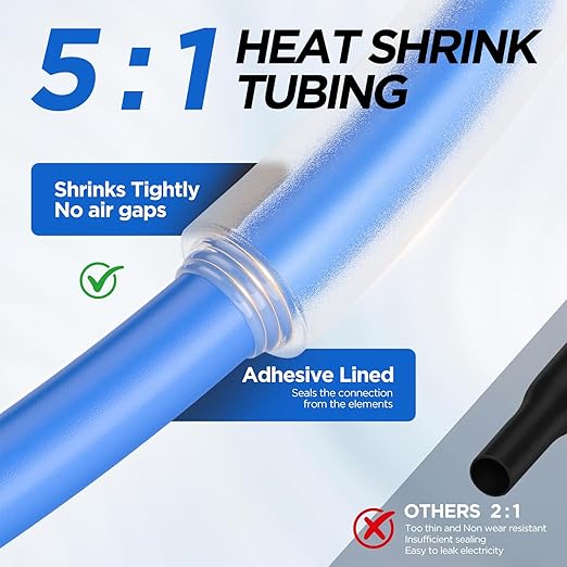 5:1 Heat Shrink Tubing Kit 500 PCS, Industry-Leading 5:1 Ratio Shrink Wrap Tubing Adhesive Lined, Heat Shrink Wire Connectors, Marine Grade Dual Wall, Waterproof Electrical Wire Tube Connectors