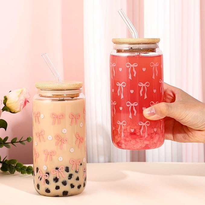 2 Pcs Coquette Pink Bow Glasses Cups, 16oz Cute Bow Glass Cups with Lid Brush and Straw Aesthetic Iced Coffee Cup, Girly Preppy Design Glasses Drinking for Teen Girls Women Men Kids Gift Trendy Stuff