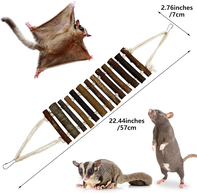 BNOSDM Sugar Glider Climbing Toys 2 Pack Nature Wood Rope Ladder Hanging Sugar Glider Bridge Cage Accessories for Mice Rat Hamster Gerbil Chinchilla