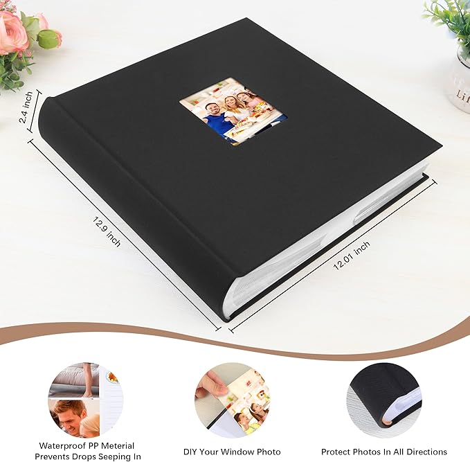 Photo Album 4x6 600 Photos with Writing Space Linen Cover with Front Window Picture Album, 600 Photos 4x6 Photo Album Book for Wedding Kids Travel Family Baby Pictures (Black)