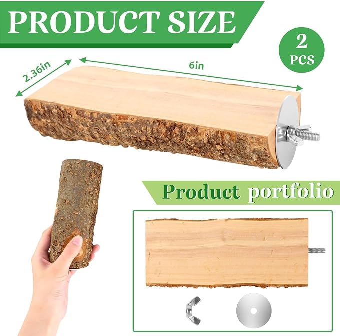 2 Pcs Natural Apple Wood Bird Perch Platform for Cage | Fits Small Parrots (Budgies, Conures) | Flat Top & Bark Underside to Support Foot Health | Tool-Free Mount