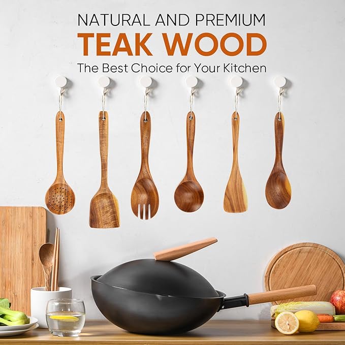 EZuncle 6 Piece Wooden Cooking Spoon Set - Ideal For Non-Stick Pans, Heat Resistant Solid Wood, Smooth Teak Cutlery For a Comfortable grip - Lightweight and Durable - Easy to Clean(6 PCS)