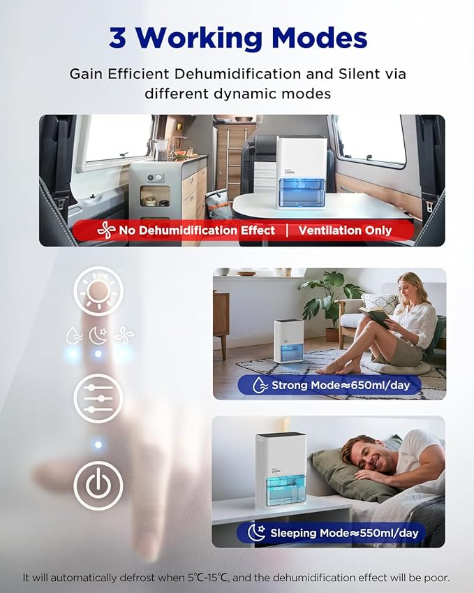 EasyAcc Dehumidifier for Home, Quiet Energy Efficient Dehumidifiers for Bathroom Bedroom Basement RV Living Room, Auto Defrost & Auto Shut Off, 68 OZ Water Tank, 7 Color Ambient Light