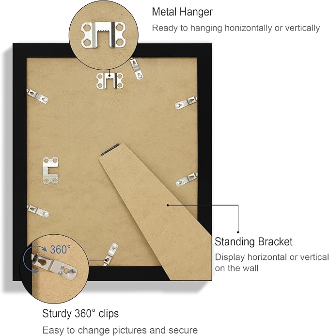 9x11 Picture Frame Set of 4, Made of Real Glass and Black Frame - Display Picture 7x9 with Mat or 9x11 Without Mat, 9 by 11 Photo for Wall or Tabletop