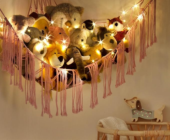 RelaxScene Stuffed Animal Storage Hammock Corner X-Large with LED Light - Baby Hammock Hanging Holder Plushies Net for Stuff Animals Organizer - Cute Room Decor Aesthetic Kids Toddler Nursery Bedroom