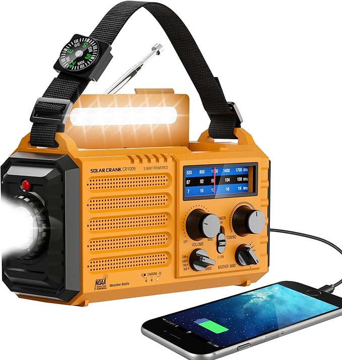 Emergency Radio with NOAA Weather Alert, 5000mAh Solar Hand Crank Portable AM/FM Shortwave Radio, Rechargeable Battery Powered, USB Charger, Flashlight, SOS Alarm for Home Outdoor Survival