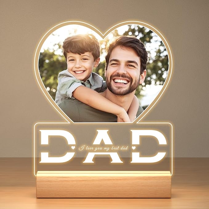 Personalized Dad Gifts for Dad from Daughter Son, Custom Picture Frames with Photo, Customized Photo Frame with Night Light, Personalized Christmas Birthday Gifts for Dad Baby Kid Family