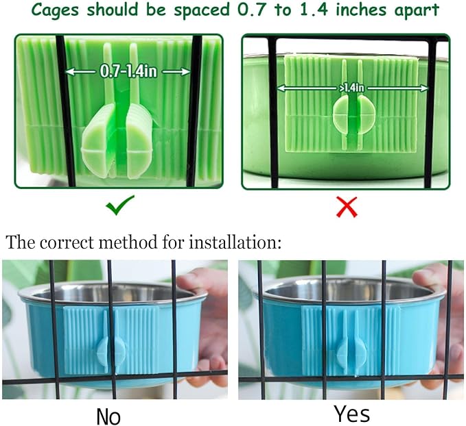 kathson Crate Dog Bowl, Removable Stainless Steel Hanging Pet Kennel Cage Bowl Food & Water Feeder Coop Cup for Puppy, Cat, Rabbit, Guinea Pigs Ferret Bird (2 PCS, Size: M, Blue and Green) (Pack of 2)