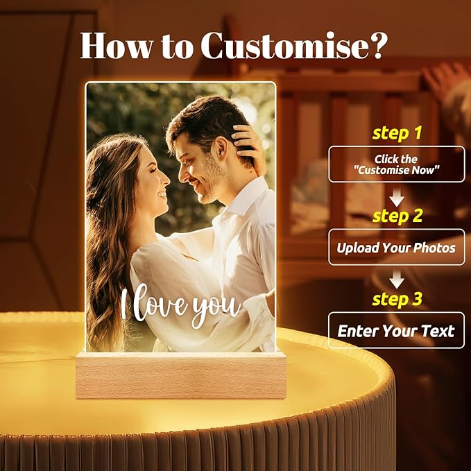 Custom Picture Frames with Photo, Personalized Photo Frame with Night Light, Customized Picture Frame, Personalized Christmas Anniversary Couple Gifts for Women Men Girlfriend Boyfriend Her Him