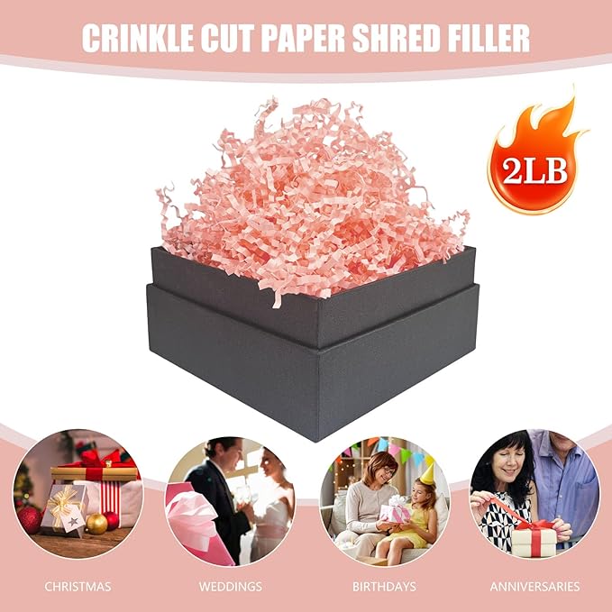 Crinkle Cut Paper Shred Filler, 2 LB Pink Basket Filler Shredded Paper, Confetti Stuffing for Basket Filling, Halloween, Thanksgiving, Christmas, Birthdays, Gift Wrapping, Stuffer Party Supplies