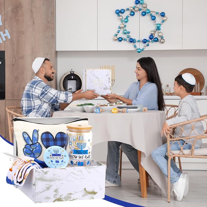 Kacctyen 5 Pcs Hanukkah Jewish Gifts for Women 16 oz Hanukkah Jewish Tumbler with Lid Straw Chanukah Makeup Bag Socks Mirror Gift Box for Chanukah Holiday Friend Coworkers Family