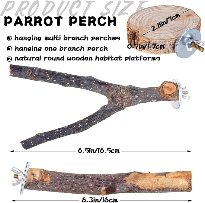 8 Pieces Bird Perch Natural Wooden Parrot Perch Stand Fork Toys Hanging Multi-Branch Perches Platform Hammock Swing Toy for Macaws, Small Parakeets, Conures, Budgies, Finches (A-Color, Mix)