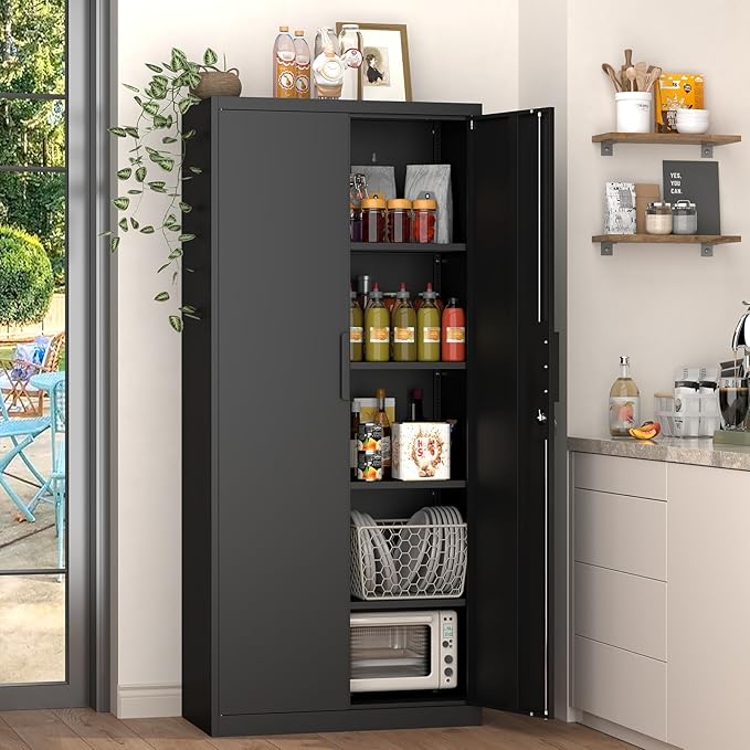 GREATMEET Metal Garage Storage Cabinets, 71" Tall Locking Cabinets with Doors and Shelves, Utility Cabinet with Lock for Garage, Home, Black