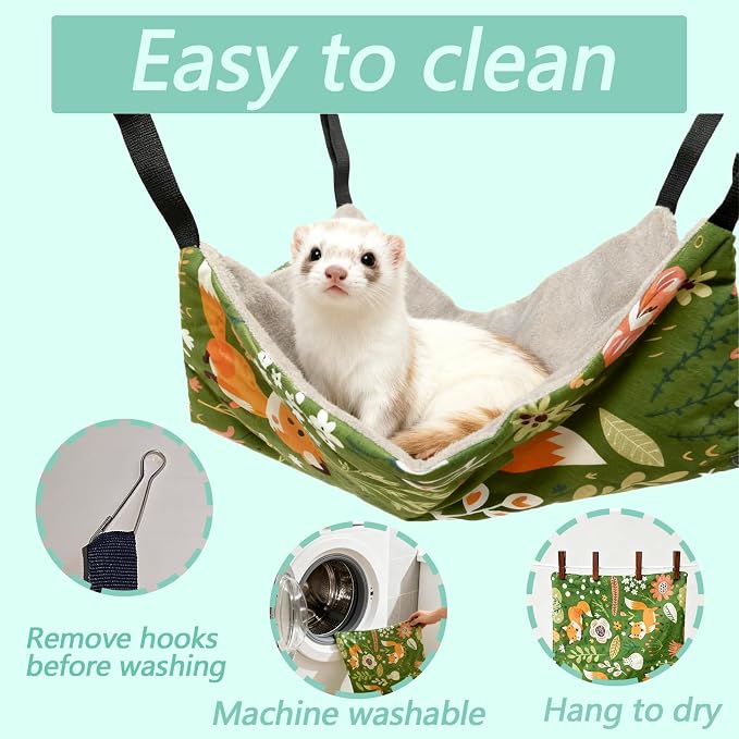 kathson 4 PCS Ferret Hammock Set,Washable Guinea Pig Hideout Bed,Soft Hamster Toys Hanging Tunnel Mats, Small Pets Cage Accessories for Rat, Sugar Glider, Squirrel(Green)