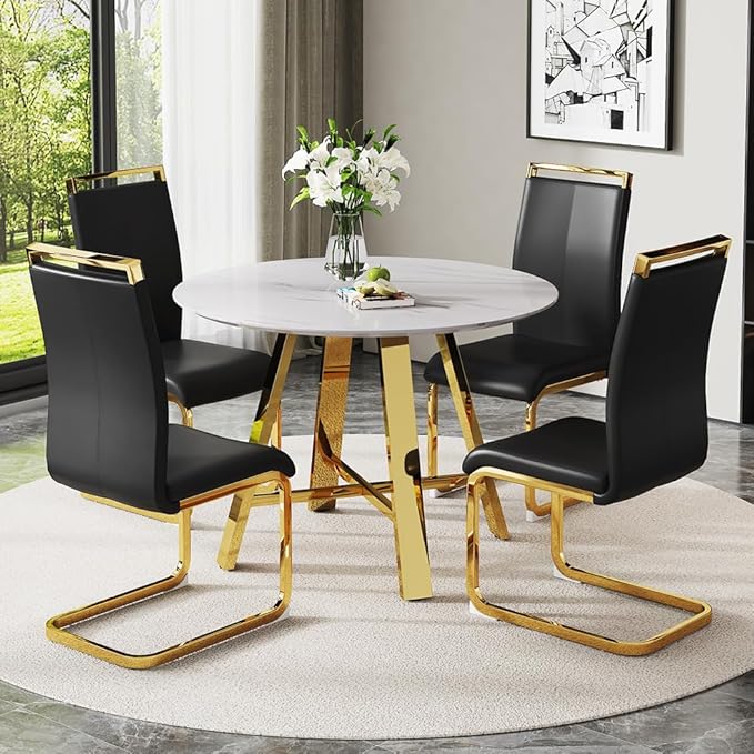 Modern Round Dining Table Set for 4-5 Piece White Faux Marble Table with PU Leather Chairs for Kitchen, Office, Small Spaces