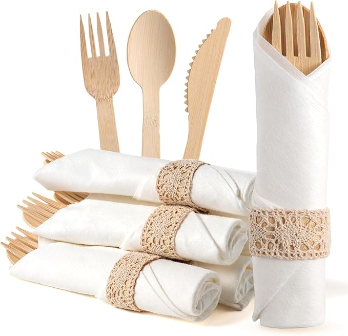 Pre Rolled Napkin and Bamboo Cutlery Set - 50 Pack Bamboo Utensils Wooden Cutlery 50 Forks 50 Knives 50 Spoons 50 Napkins, Pre Wrapped Disposable Silverware Cutlery for Party, Wedding, Events