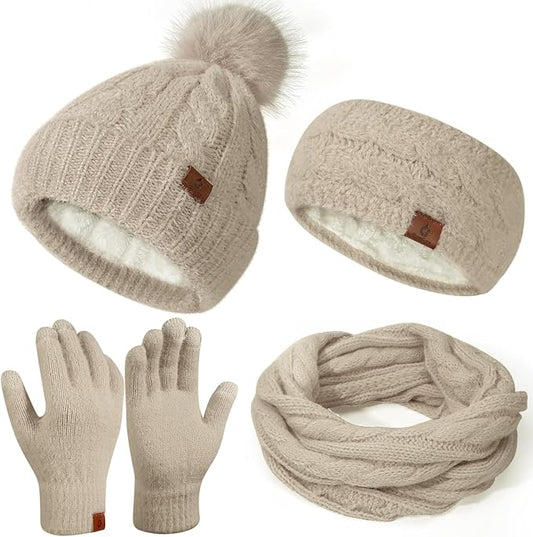 Womens Beanie Hat Infinity Scarf Touchscreen Gloves Fleece Headband 4 in 1 Winter Clothes Set Gifts for Women