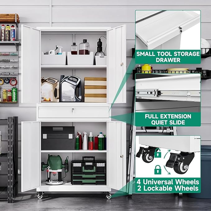 Letaya Metal Garage Storage Cabinet with Wheels,72“ Rolling Tool Cabinet with 4 Door Lock-Adjustable Shelves and Drawer for Garage Home Office Utility Room (White with Wheels)