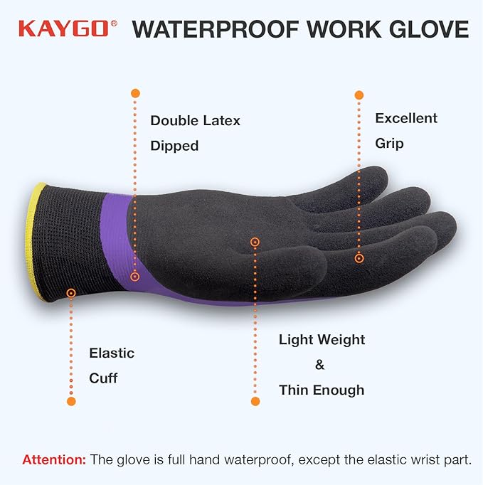 KAYGO Waterproof Work Gloves for Men and Women, Rubber Coated Non-slip Working Gloves for Garden, Outdoor Construction, KG150, Purple, L