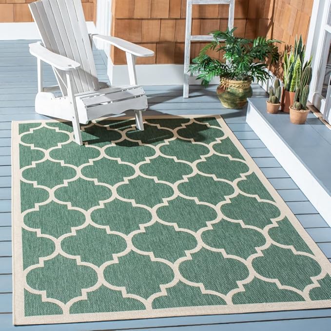 SAFAVIEH Washable Rug Outdoor Courtyard Collection - 4' x 5'7", Dark Green & Beige, Non-Shedding & Easy Cleaning, Ideal for Patio, Backyard, Mudroom (CY6914-322)