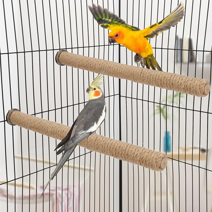 Hypeety Bird Perch Stand Natural Wood Parrot Hemp Rope Perch, 11.81''/30cm | Natural wood chewable stand, birdcage accessories toy, for macaws/cockatoos/african greys/budgies/parakeets/cockatiels, 2pcs