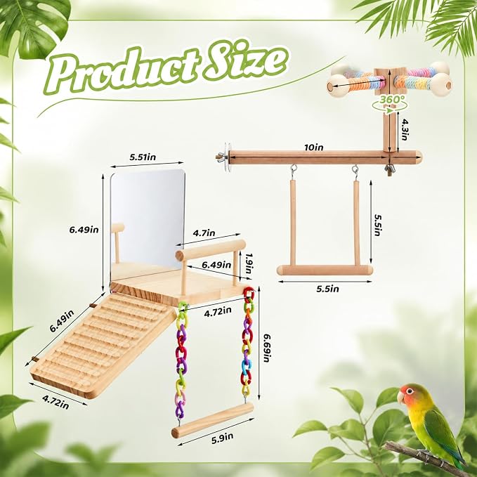 2 Pcs Bird Parakeet Toys, Bird Perch Platform Swing Mirror Ladder with 360° Spin Function, Hanging Parakeet Swing Birds Cage Accessories Toys for Cockatiel Lovebird Parrot