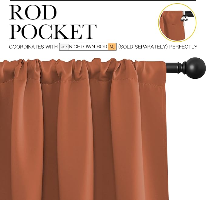 NICETOWN Kitchen Curtains, Burnt Orange, 34" x 40", Set of 2, Short Blackout Curtains & Drapes, Thermal Insulated Rod Pocket Window Treatment Draperies for Nursery
