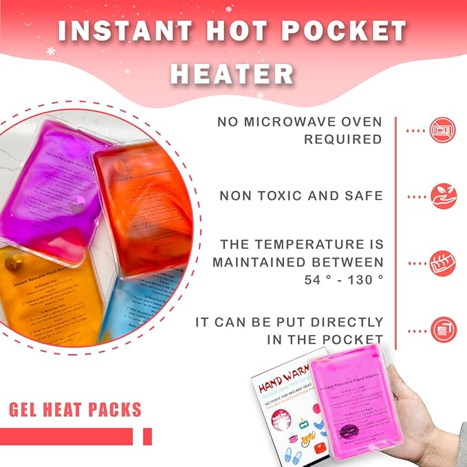 Reusable Snap Heat Pack, Hand Warmers Boil Click Heat Pocket Hand Warmer, Pouch Gel Hand Warmers for Camping for Outdoor, Indoor, Working, Studying, Camping, Warm Gifts