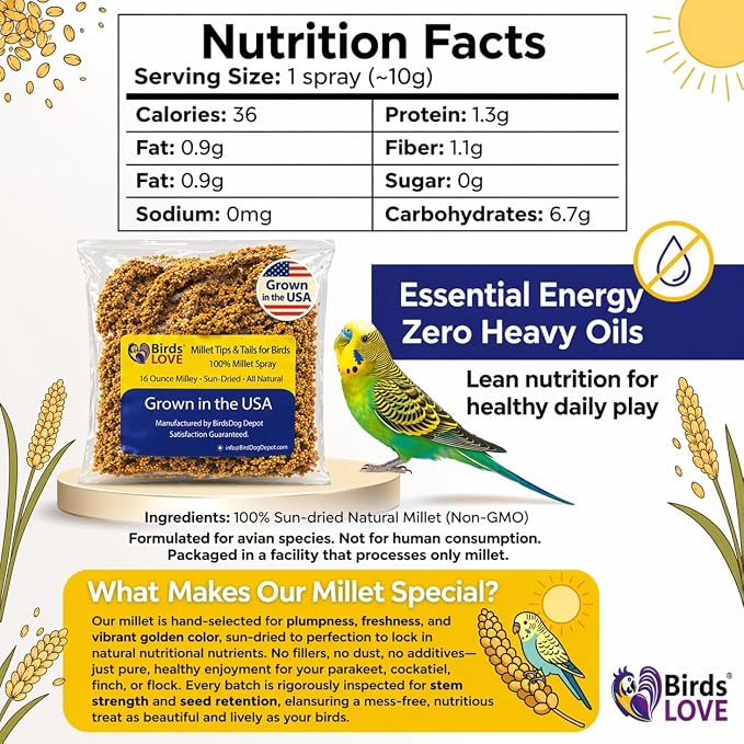 Birds LOVE® Millet Tips & Tails for Birds – Premium Spray Millet Treat, Grown in the USA – Natural & Healthy Bird Food for Parakeets, Cockatiels, Budgies, Lovebirds, Finches, Canaries & Parrots – 1 lb