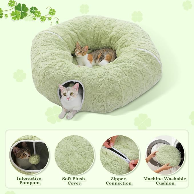 PEQULTI Green Donut Cat Tunnel Bed Washable Plush Mat for Multi Small Pets | Round play tube with soft detachable plush mat, multi-pet toy fit indoor cats, kittens, puppies, rabbits and ferrets