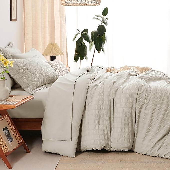CozyLux Oversized Queen Comforter Set Beige Seersucker 7 Pieces 98x98 Bed in a Bag Comforter Set with Sheets, Luxury Soft Bedding Sets with Down Alternative Comforter, Sheets, Pillowcases & Shams