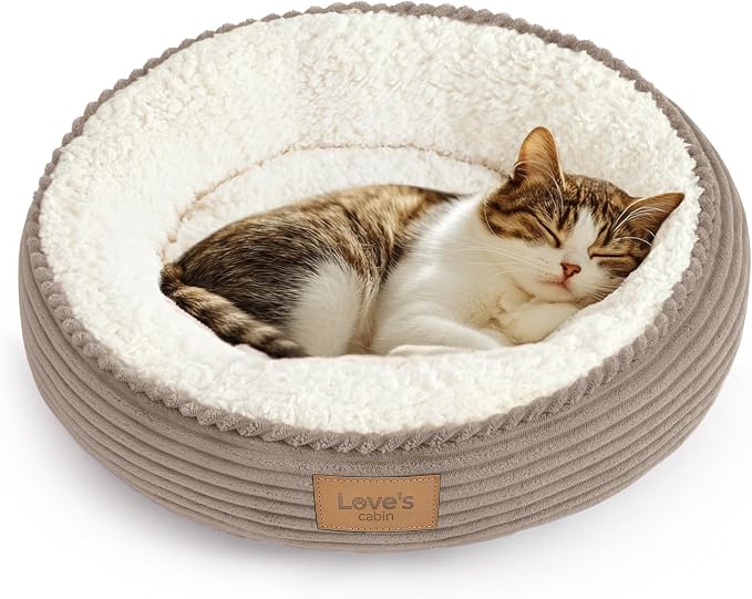 Love's cabin Round Donut Cat and Dog Cushion Bed, 20in Pet Bed for Cats or Small Dogs, Anti-Slip & Water-Resistant Bottom, Super Soft Durable Fabric Pet beds, Washable Luxury Bed Khaki