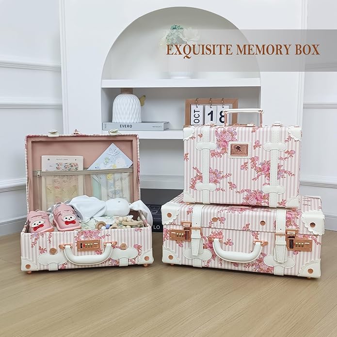 Unitravel Baby Keepsake Case, Handmade Memory Storage Box, Newborn Keepsake Box, Vintage Suitcase for Baby Shower, Baptism, Naming Ceremony or Birthday