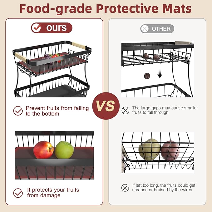 3 Tier Fruit Basket for Kitchen Counter with 2 Mobile Banana Hangers, 2026 Pro Detachable Metal Fruit Bowl with Wooden Handle, Fruit Holder for Bread Snack Veggies with Protective Mats