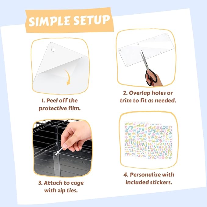 12 Pcs Clear Cage Guard, 13.8"x4.7" Scatter Guard for C&C Cages | Flexible Cage Liner with Zip Ties & Personalized Letter Stickers, Fits Rabbit Guinea Pig, Metal Wire Playpen, Cage Accessory