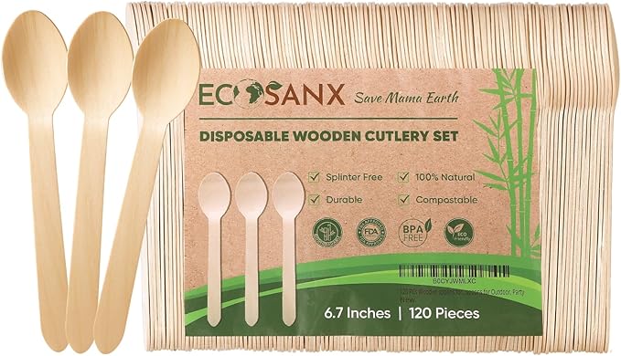 ECOSANX® 120 PCs Wooden spoons for eating, 6.5" Splinter Free small disposable spoons, Eco-Friendly, 100% All-Natural Compostable spoons for Outdoor, Bamboo spoon Disposable for Camping Events & More