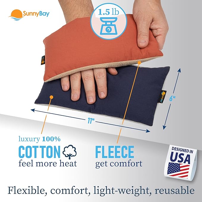 SunnyBay Small Microwave Heating Pad, Microwavable Versatile Cold/Heated Neck and Shoulder Wrap for Back Pain and More, Moist Heat Cotton-Fleece Pad, 6x11 Inches, Navy Blue and Persimmon, Pack of 2