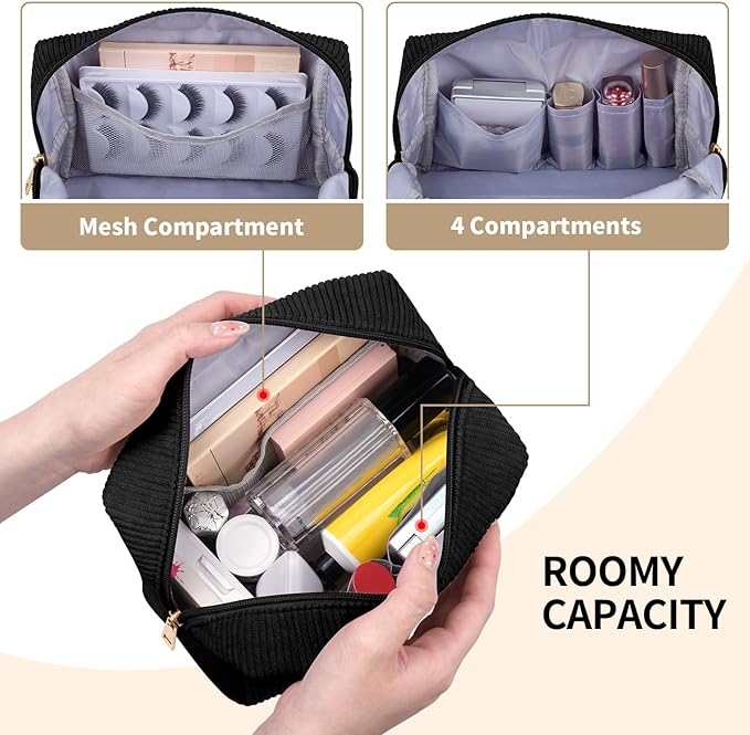 MAGEFY Small Makeup Bag for Purse Corduroy Makeup Bag for Women Makeup Pouch with Compartments (Black, HAIR)
