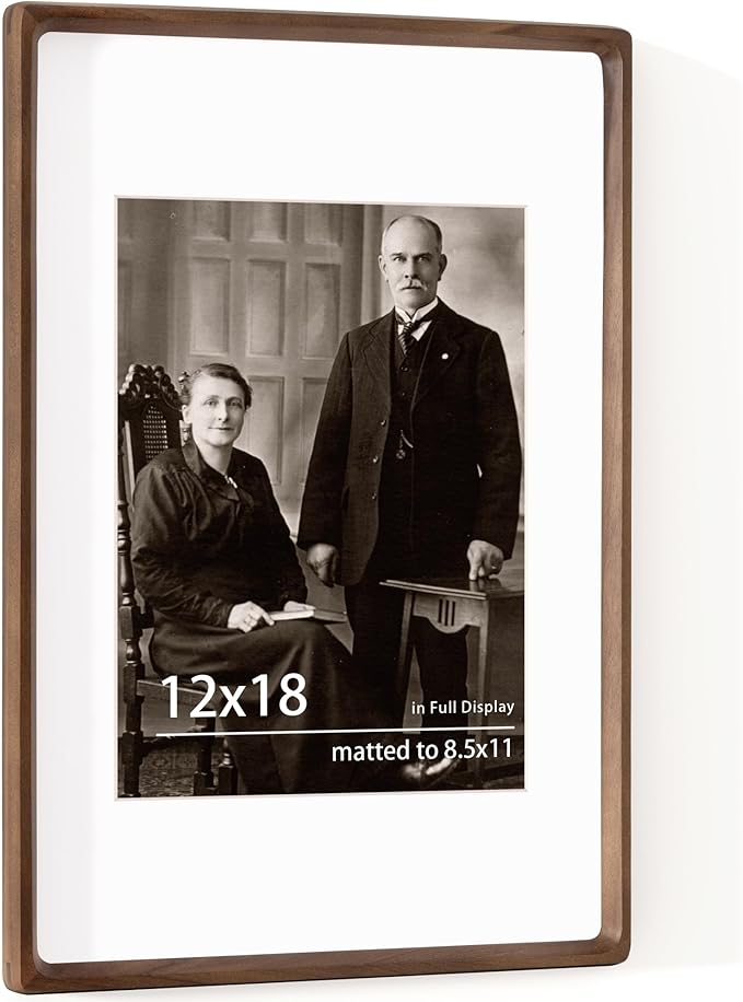 12x18 Frame USA-Sourced Natural Walnut Wood Solid Wood Photo Frame Handcrafted Rounded Corner with Mat to 8x12 Picture Display with Real Glass Family Picture, Wedding Photo, Certificate