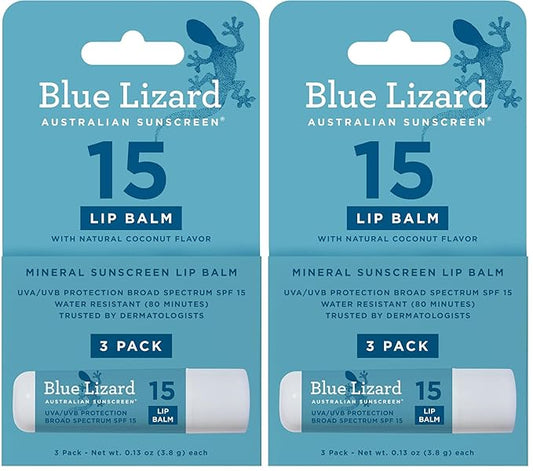 BLUE LIZARD Mineral SPF 15 Lip Balm, 6-Pack: Broad Spectrum Sun Protection, Natural Coconut Flavor, 8 Natural Oils, Infused with Australian Kakadu Plum, Rich in Vitamin C, Vegan, Each Tube 0.13 oz.
