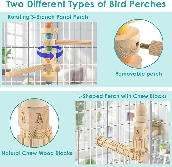 DBNESS 3pcs Natural Wood Bird Perch Toys, Rotating Perch Stand, L-Shaped Perches with Chew Block, Hanging Cork Stopper Toy, Birdcage Accessories for Small Medium Parrots Cockatiels Quaker Caique