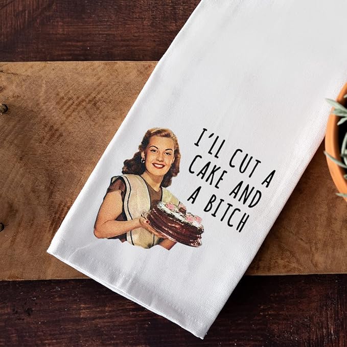 Andaz Press Funny Retro Kitchen Towel, Flour Sack Tea Towel, I'll Cut A Cake and A Bitch, Kitchen Gifts for Mom, Women Daughter, Hostess, Birthday, Housewarming Kitchen Decor