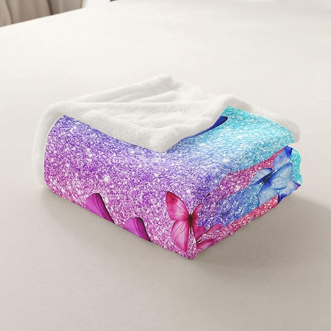Feelyou Girls Glitter Print Fleece Throw Blanket Throw 50"x60" Kids Blue Pink Butterfly Sherpa Blanket Plush Fuzzy for Bed Couch Chair Living Room, Dreamy Girly Bed Blanket Princess Style Room Decor