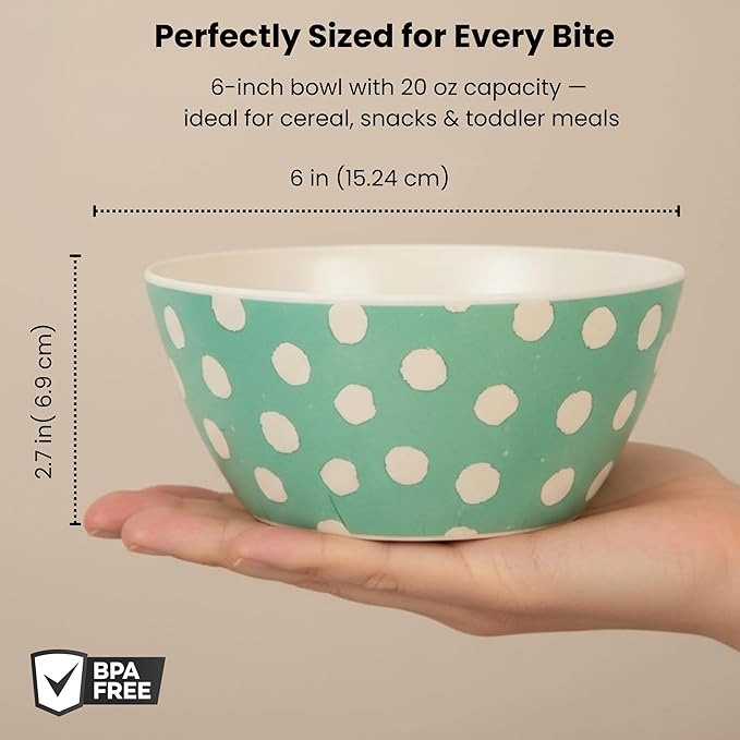 Bamboo Bowl Set of 4 – 6 Inch 20 oz Durable Deep Cereal and Snack Dishware for Kids and Toddlers – BPA Free, Dishwasher Safe, Lightweight Alternative to Plastic or Ceramic (Sage)