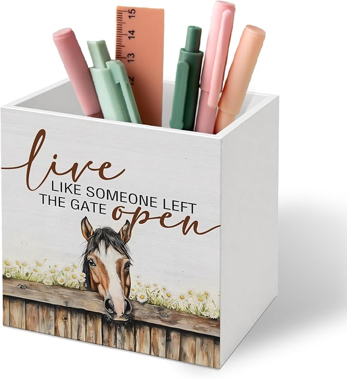 DILSJ Inspirational Horse 1 Compartment Pen Pencil Holder for Desk | Horse Gifts, Live Like Someone Left The Gate Open Wooden Box Signs Organizer for Home Office Desk Tabletop Decoration