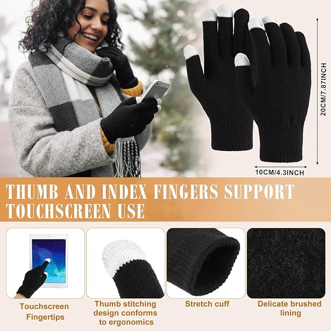 Geyoga 6 Pcs Winter Hat Scarf Gloves Set Knitted Touchscreen Gloves Plaid Scarf Earmuffs Socks Gift for Women Men