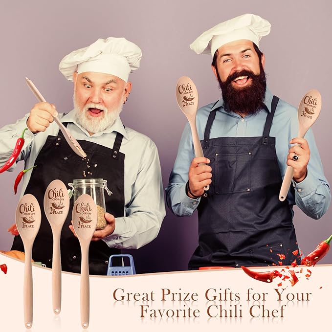 Soaoo Set of 3 Chili Cook Off Trophy Wooden Spoon Prizes Chili Engraved Cooking Spoons for 1st 2nd 3rd Cooking Competition Award(Carved at Spoon Surface)