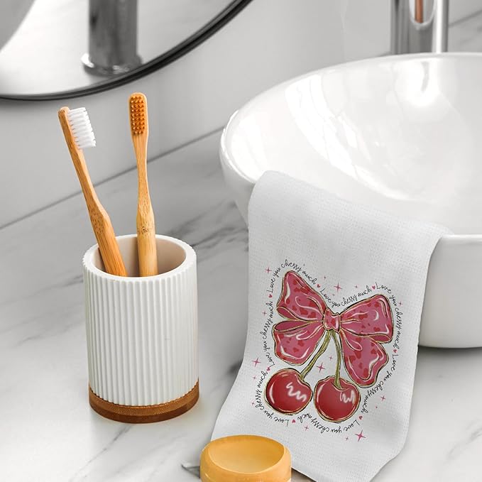 Coquette Pink Bow Cherry Kitchen Towels, Love Day Gifts for Her Girlfriend Wife, Hand Towels for Bathroom Dish Tea Towels, 16x24 Inch