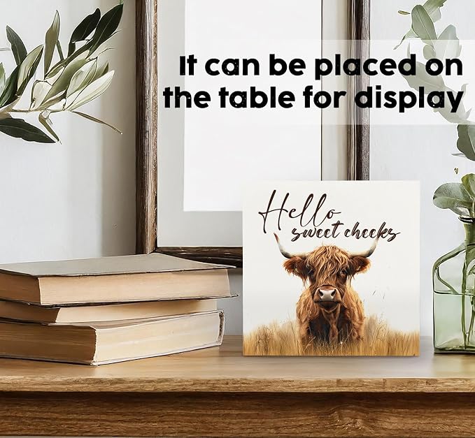 Highland Cow Bathroom Decor Sign, Hello Sweet Cheeks Wooden Box Signs, Highland Cow Gifts For Women Lovers,6x6